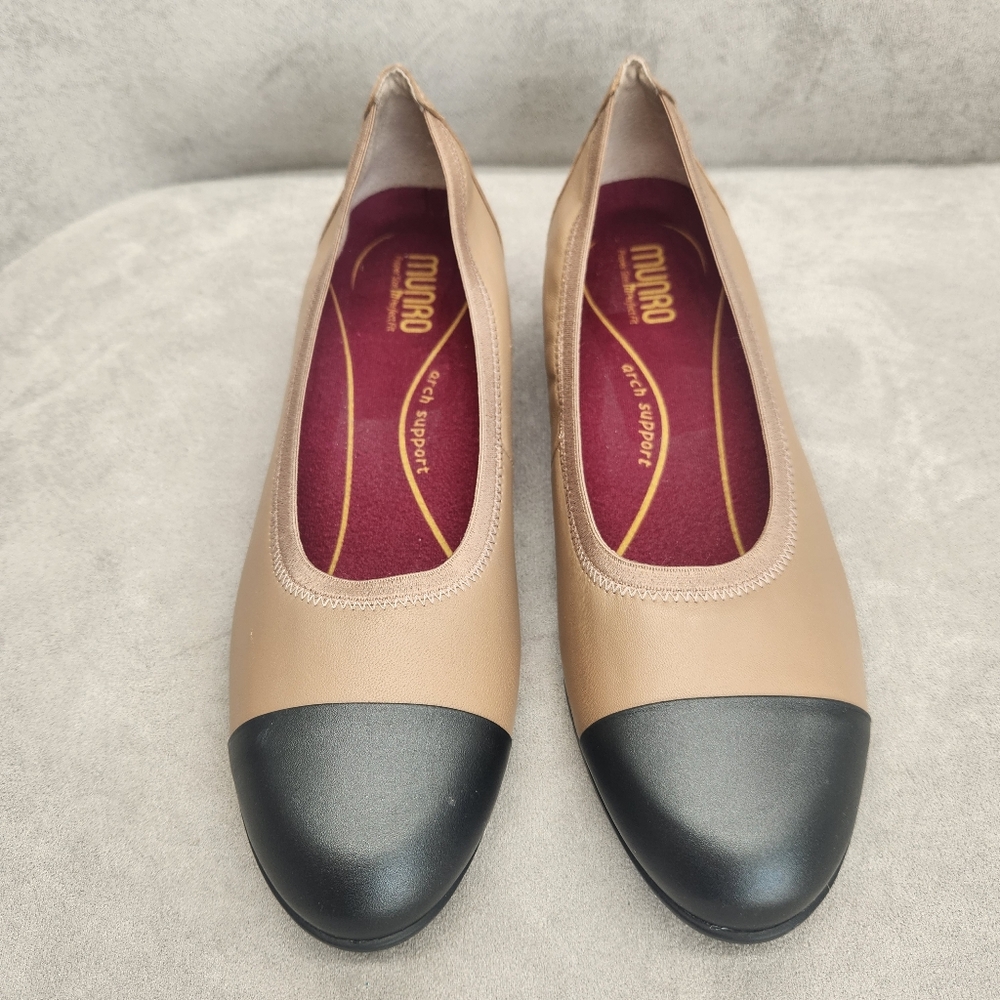 Munro Ballet Flats 10.5 Narrow Tan Black Leather Mila Cap Toe Made USA New $220